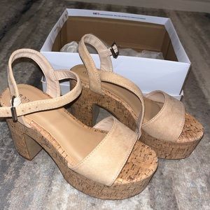 Beige Suede Cork Platform High Heel Sandals. Lulus heels super cute and comfy.